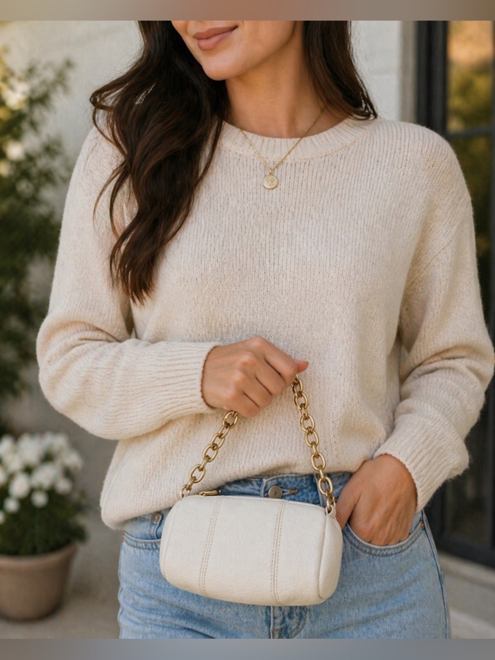 Anthropologie Cream Chain Cylinder Shoulder Bag